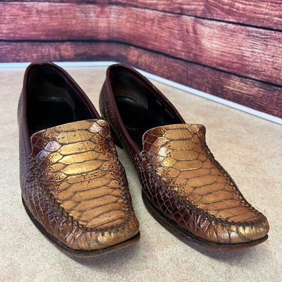 Escada Dark Brown & Bronze/Gold Faux Snake Print Loafers Moccasins Flats - Picture 2 of 16